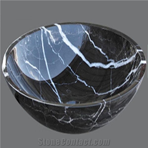 Stone Wash Bowl Black Marquina Polished Round Sinks, Nero Marquina Wash Basins for Kitchen and Bathroom