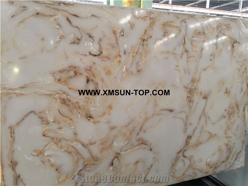 White Artificial Onyx with Brown Lines/White Artificial Onyx Slab/Artificial Stone Panels/Manmade Stone Slab/Engineered Stone Slabs/Artificial Onyx for Wall Covering& Flooring/Interior Decoration