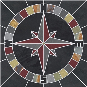 Multicolor and Black Slate Mariners Compass Mosaic Medallion Round in Square - Choose 14", 18", 20", 22", 26", 34", 40", 44"