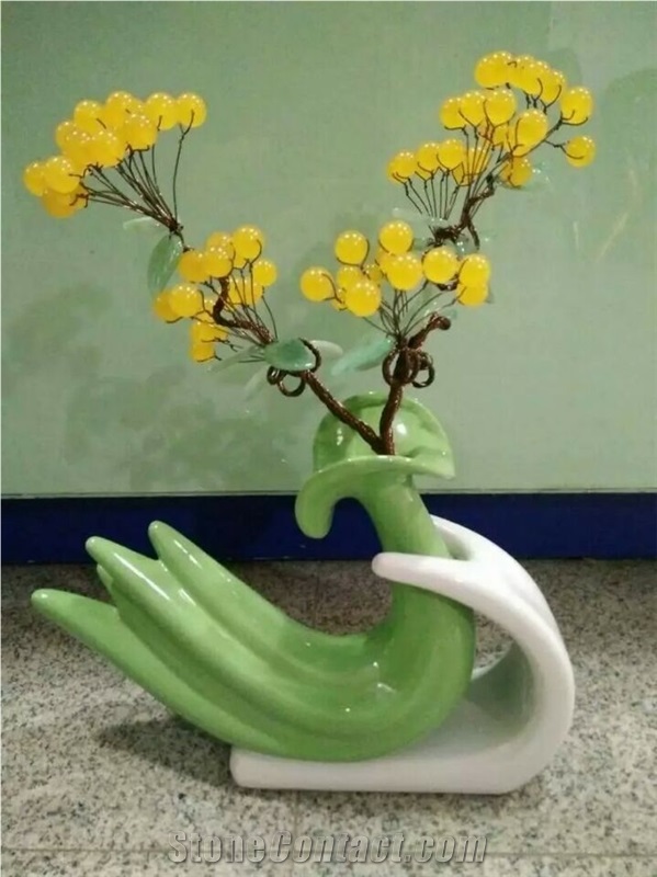 Natural Crystal Flower and Jade Leaves for Home Decoration Ceramic Vase