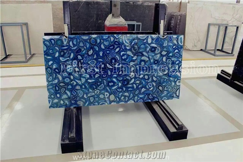 Famous Blue Agate Semiprecious Stone Big Slab & Tiles/Gangsaw Slab & Strips (Small Slabs) & Customized & Wall/Floor Covering/Blue Semi Precious Stone Panels/Blue Stone Flooring/Interior Decoration