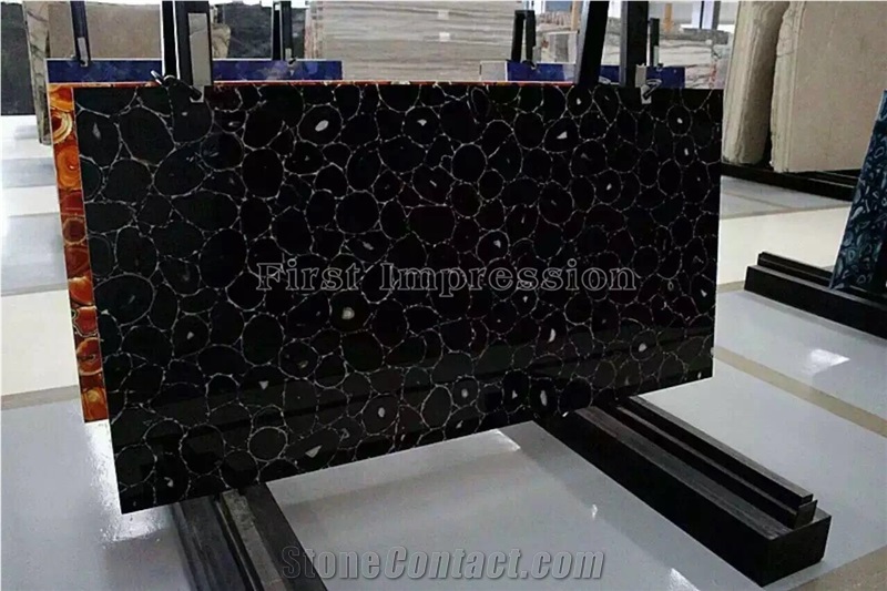 New Polished Black Agate Semiprecious Stone Slabs/Luxury Dark Black Semi-Precious Stone/Semi Precious Stone Slab for Wall Cladding&Flooring/Semi-Precious Stone Panel/Interior Decoration Stone