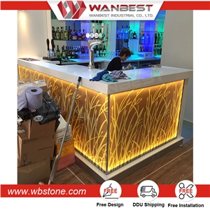 Custom Made Pure Acrylic Solid Surface High Glossy Curved 2017 New Design Led Cocktail Bar Counter for Nightclub
