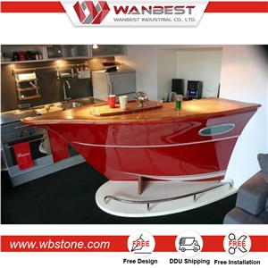 Special Design Boat Shaped Solid Surface Red Bar Counter Cashier Counter for Restaurant