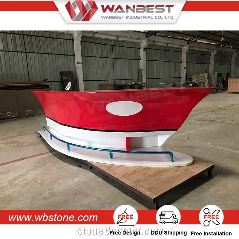 Special Design Boat Shaped Solid Surface Red Bar Counter Cashier
