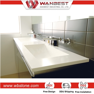 Wall Mounted White Solid Surface Rectangular Bathroom Sink