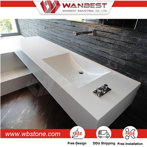 Wall Mounted White Solid Surface Rectangular Bathroom Sink