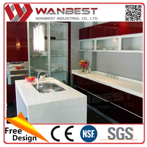 White and Red Solid Surface Stone Kitchen Counter Top with Cabinets