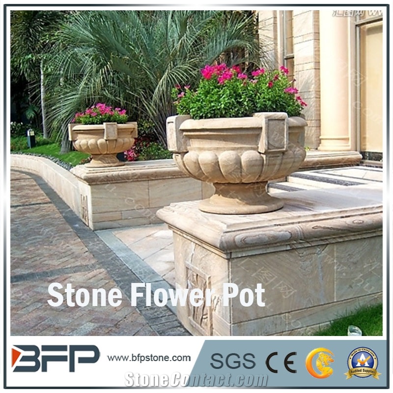 Granite Round Garden Flower Pot,Natural Stone Outside Garden Flower Pot