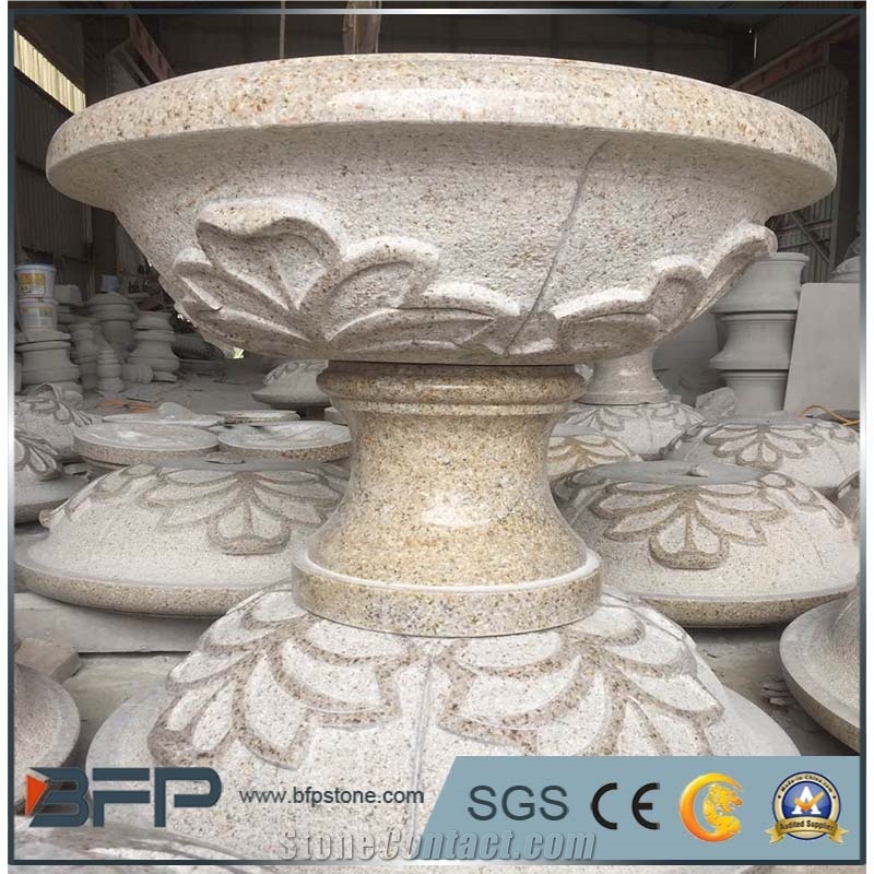 Hand Carved Beige Granite Flowerpot with Pedestal