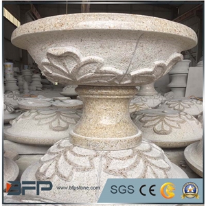 Hand Carved Beige Granite Flowerpot with Pedestal