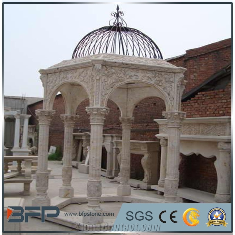 White Marble Gazebo with Cast Iron Roof for Garden