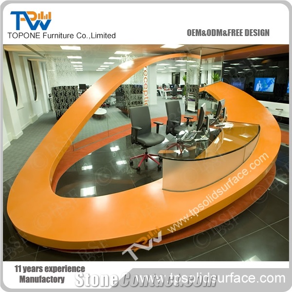 Artificial Marble Stone Orange Color Front Counters Table New Acrylic Solid Surface Table Top Design for Shopping Mall Furniture