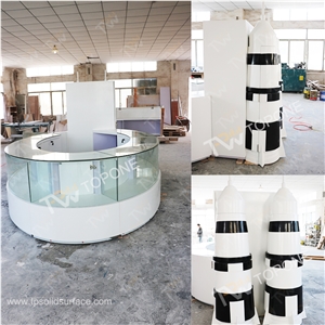 Curved Round White Artificial Marble Stone Good Price Kiosk for Shopping Mall, Shopping Mall Glass Display Kiosk with Corian Acrylic Solid Surface Rock Design Storage