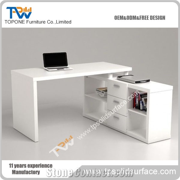 L Shape White Artificial Marble Stone Latest Office Table Designs Executive Office Table with Acrylic Solid Surface Table Tops Design for Sale
