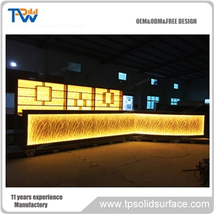 Modern Design Led Lighted Curved Artificial Marble Stone Bar Counter with Acrylic Solid Surface Bar Table Tops for Sale