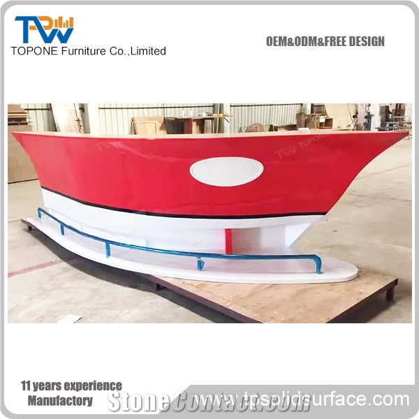 Red Color Factory Price Wooden Boat Bar Counter with Acrylic Solid Surface Artificial Marble Stone Table Tops Design