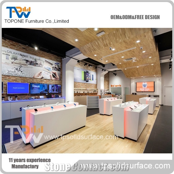 White Artificial Marble Stone Cell Phone Shop Display Counter with White Acrylic Solid Surface Table Tops Design