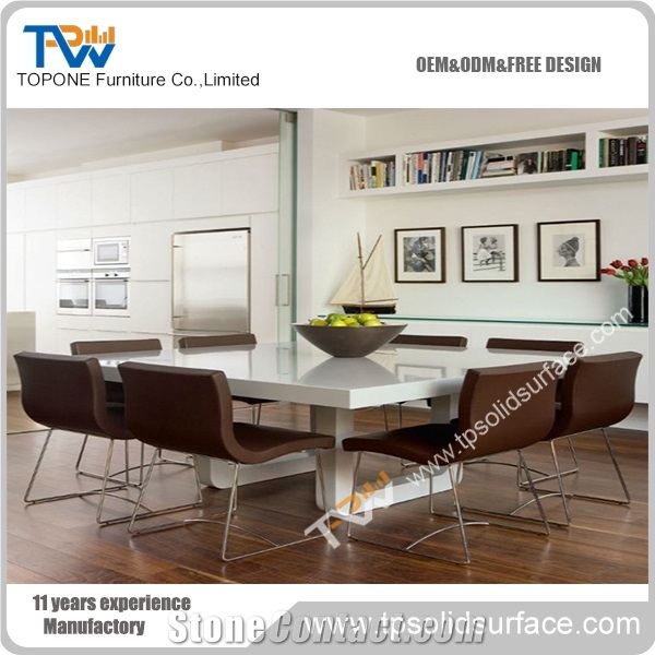 White Color High Quality Artificial Marble Stone Dinning Table Set 8 Seats with White Corian Acrylic Solid Surface Square Table Tops Design