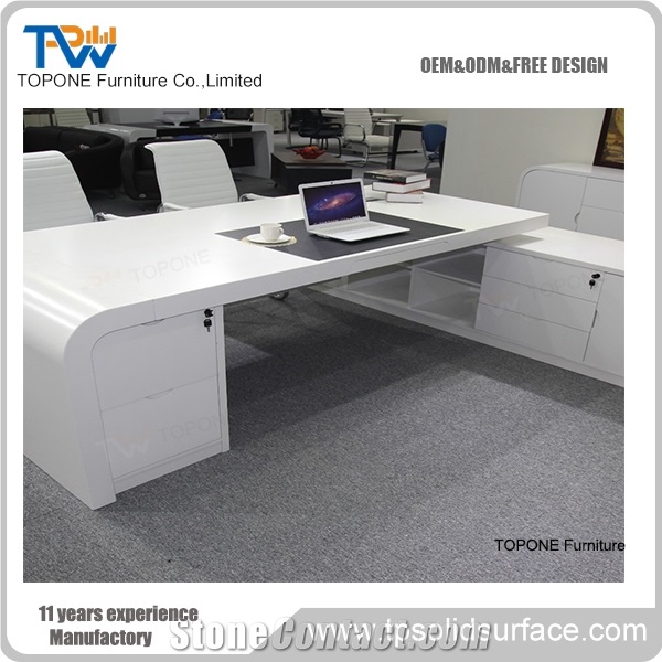 White Color L Shape Artificial Marble Stone Office Desk/Acrylic Solid Surface Office Table Furniture Quartz Table Tops