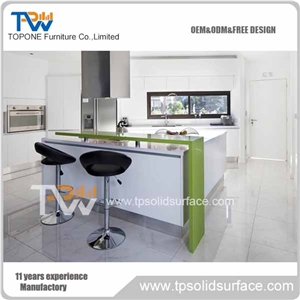 White Table Tops Design Artificial Marble Stone, Kitchen Small Bar Counter Tops Design with Green Acrylic Solid Surface Table Work Tops for Sale