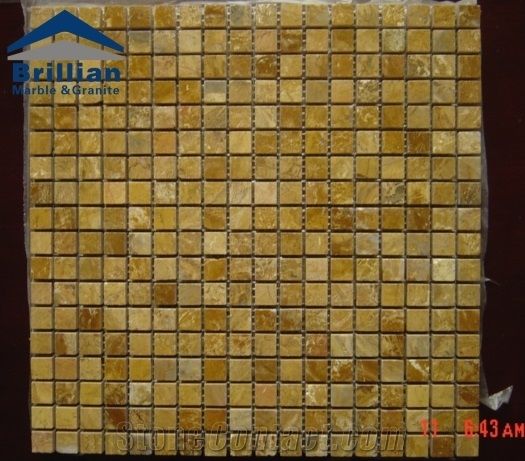 Copper Yellow Marble Mosaics,Polished Mosaics,Natural Stone Mosaics Tile,Mosaic Pattern,High Quality Mosaic for Inside or Outside Decoration,10*10mm Cube on Mesh Mosaics,Bathromm Mosaics,Wall Mosaics