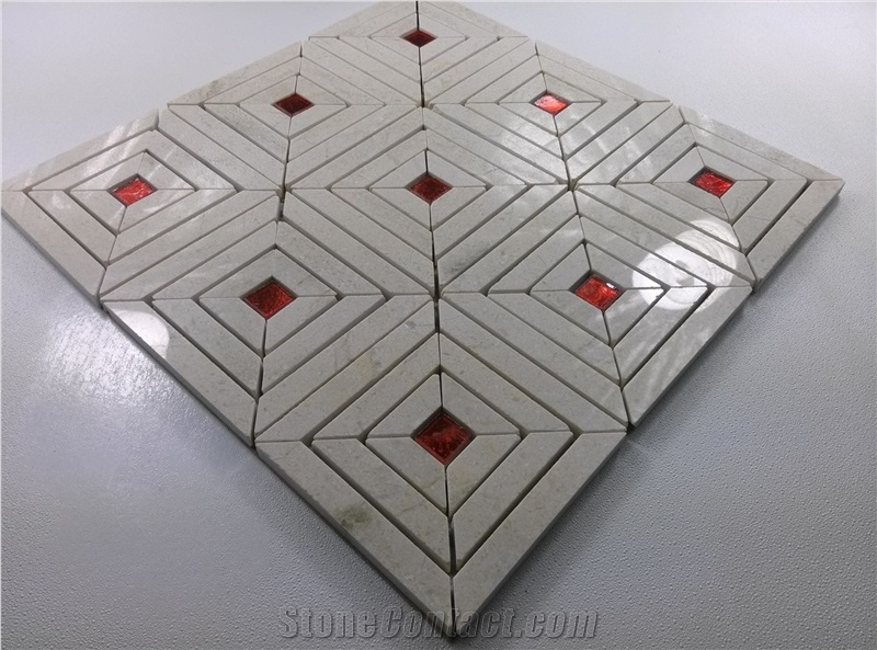 Red Glass Mix Beige Marble Mosaic Backsplash Tile