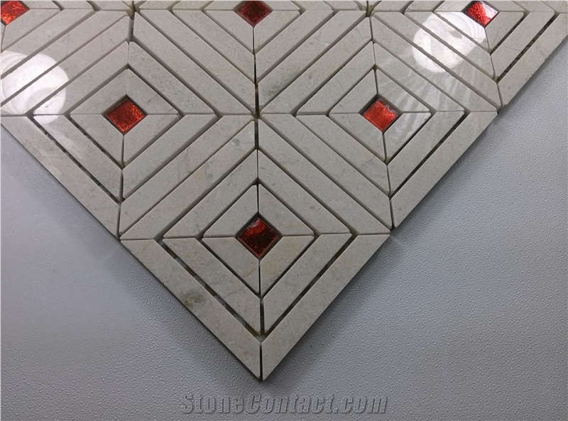 Red Glass Mix Beige Marble Mosaic Backsplash Tile