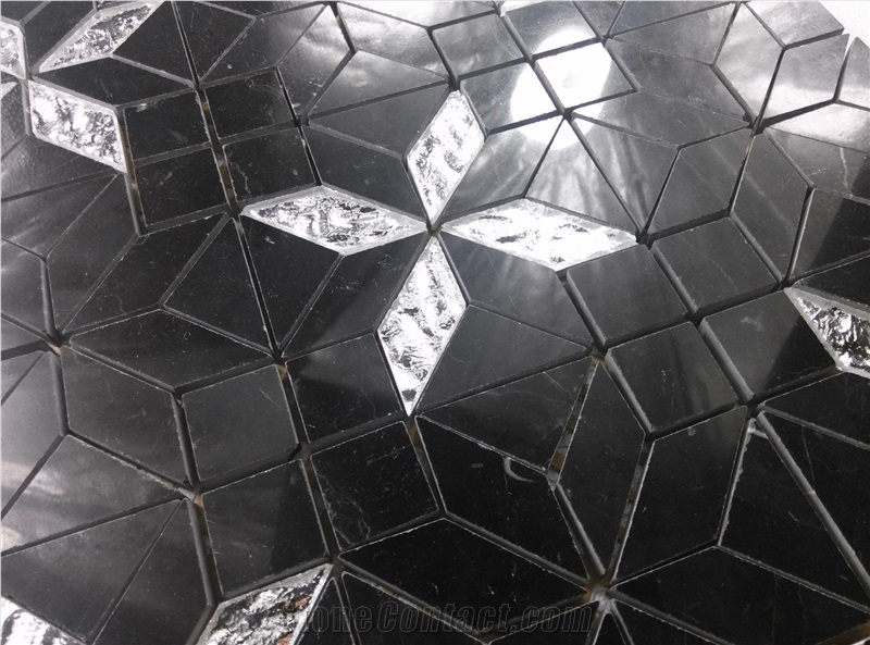 Silver Glass Mix Black Marble Mosaic Kitchen Backsplash Tile