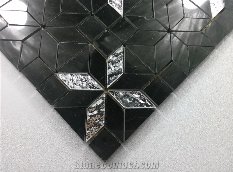 Silver Glass Mix Black Marble Mosaic Kitchen Backsplash Tile