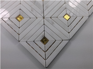 White Carrara Marble Strip Mosaic Mix Gold Glass Backsplash Tile