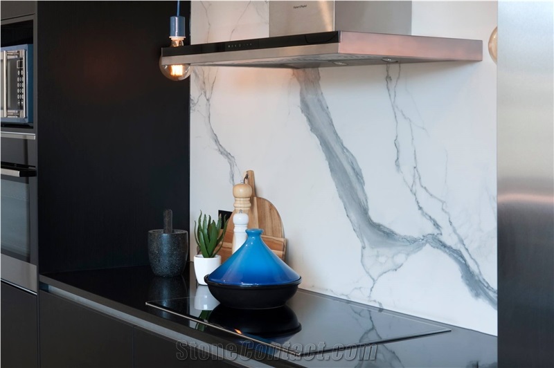 Large Statuario White Marble Looking Porcelain Tiles as a Splash-Back in This Stunning Kitchen