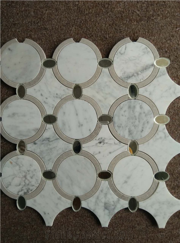 Carrara White Marble with Mirror Water Jet Stone Mosaic Tiles