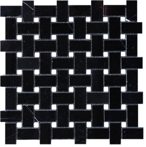 Nero Marquina Black Marble Mosaic Tile Basketweave Design with White Thassos Dots Bathroom Tiles