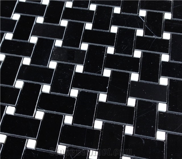 Nero Marquina Black Marble Mosaic Tile Basketweave Design with White Thassos Dots Bathroom Tiles