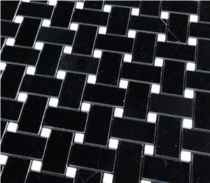 Nero Marquina Black Marble Mosaic Tile Basketweave Design with White Thassos Dots Bathroom Tiles