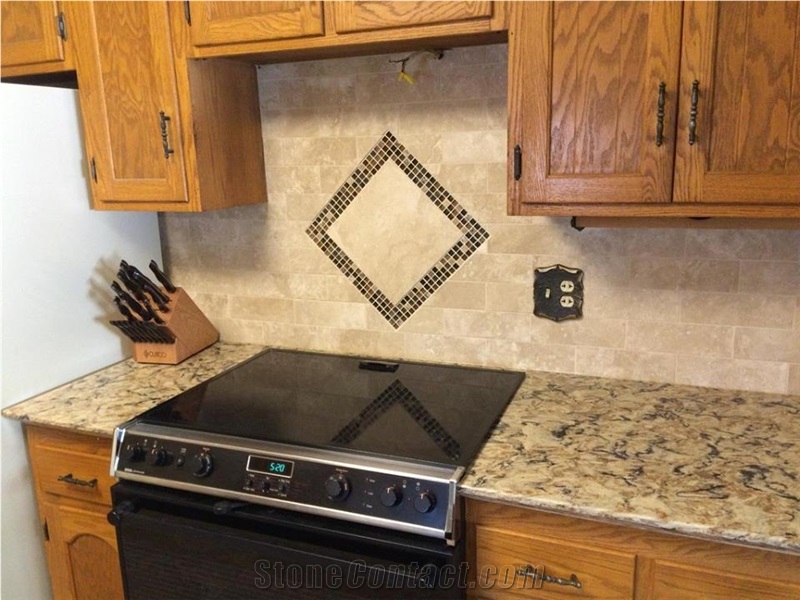 Granite Kitchen Countertop, Travertine Backsplash Tiles