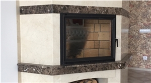 Cream Marfil and Dark Emperador Marble Fireplace Custom Design