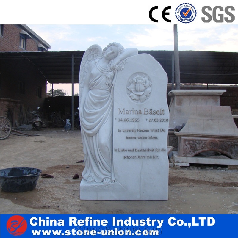 White Marble Monument with Letters , Pure White Marble Gravestone with Angel , Western Style Tombstone in Hot Market