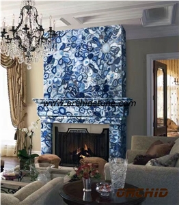 Blue Agate Semi Precious Fireplace Mantel,Hearth,Surround,Blue Agate Semi Precious Translucent Decoration