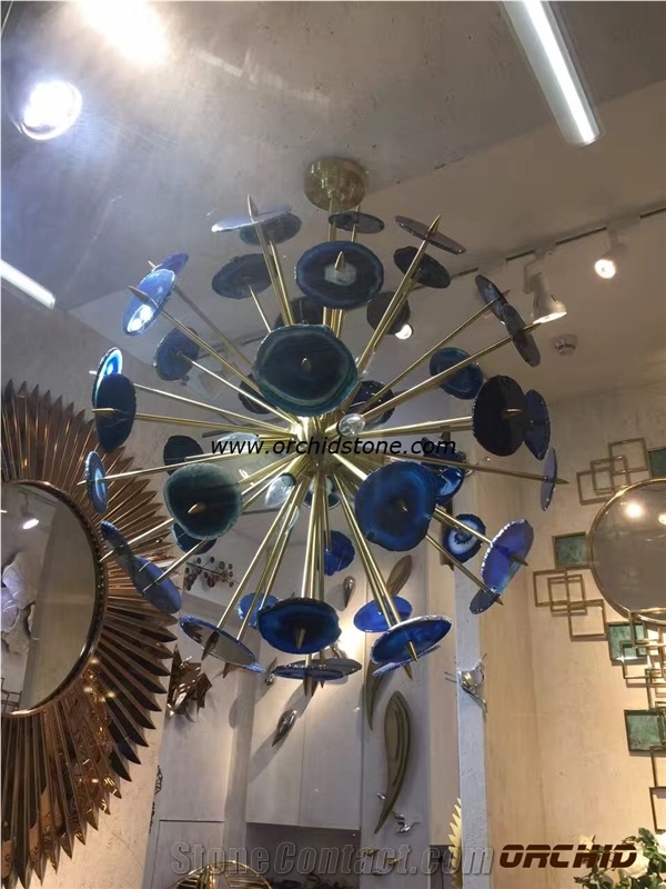 Blue Agate Semi Precious Translucent Blacklit Ceiling Lamp Decorations