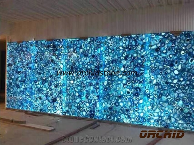 Blue Agate Stone Semiprecious Stone Tiles & Slabs, Blue Stone Floor Covering Tiles, Walling Tiles，Backlit Gemstone Home Decorations