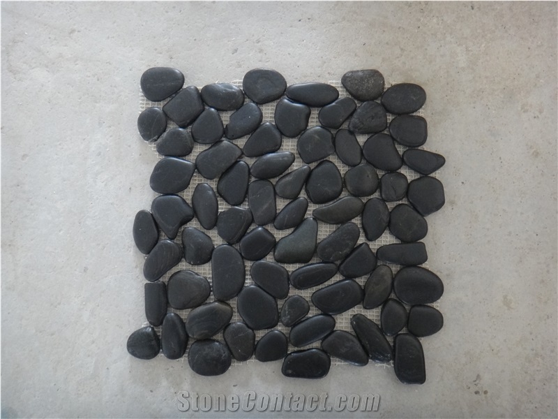 Black Polished Pebble Meshed Tiles, River Stone