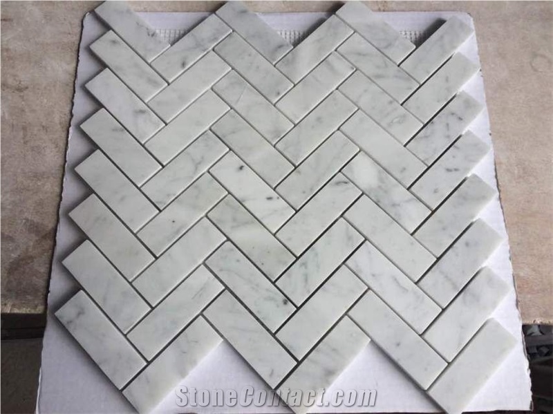 Herringbone Carrara White Marble Mosaic