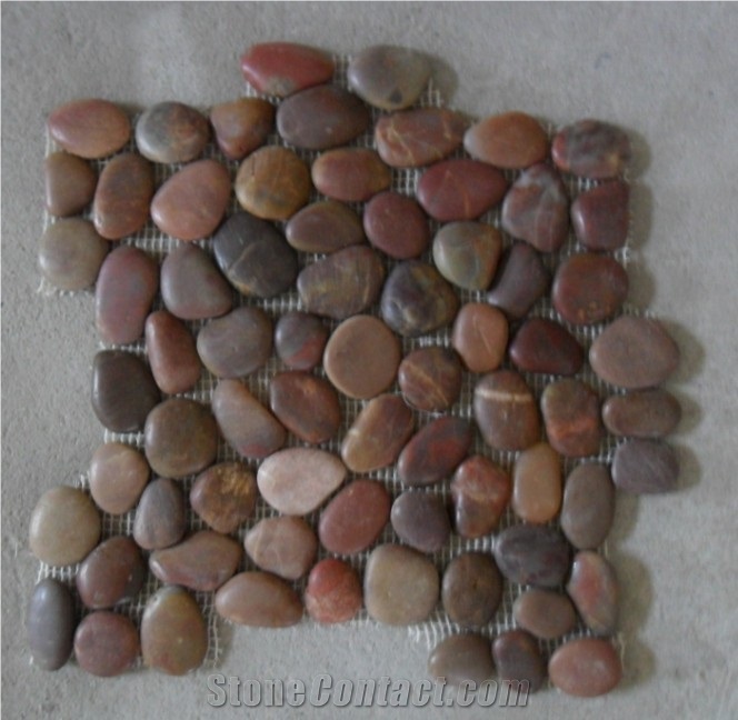 Red Polished Pebble Meshed Tiles, River Stone