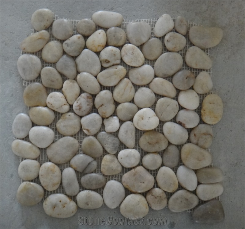 White Polished Pebble Meshed Tiles, River Stone