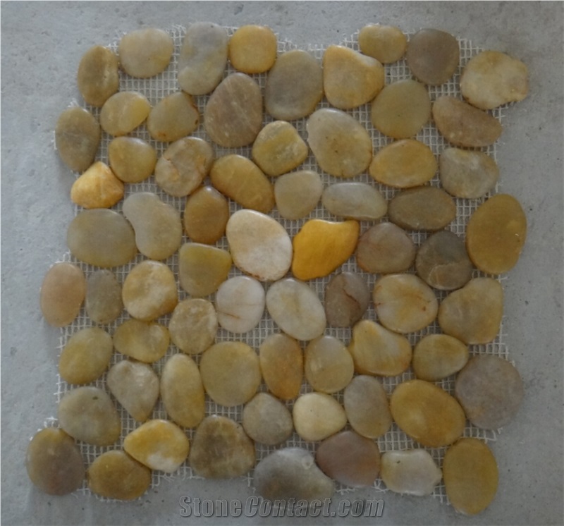 Yellow Polished Pebble Meshed Tiles, River Stone