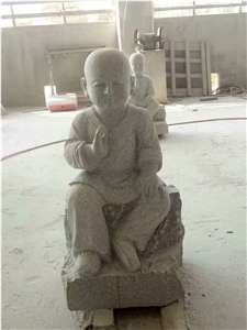 China White Grey Little Monk Statue,Granite Handcarved Human Sculpture