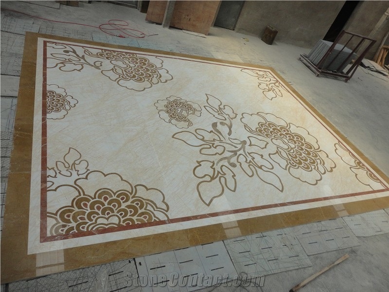 Marble Floor Medallions Crema Marfil Rectangle Waterjet Medallions for Interior