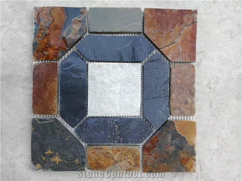 Slate Medallion Flooring Tiles,Outdoor Flagstone Walkway Pavers,Multicolor Flagstone Road Paving